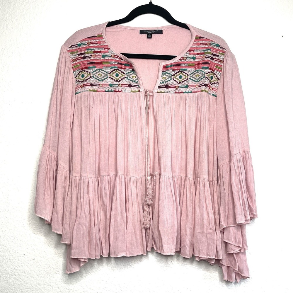 Romeo + Juliet Couture Pink Embroidered Ruffle Kimono Peasant Top Size Large - Picture 12 of 15